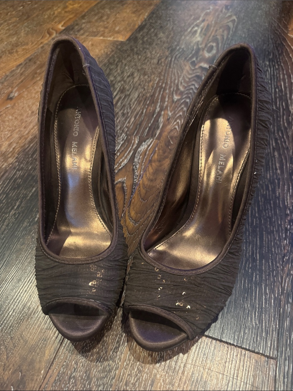 ANTONIO MELANI Dark Brown Peep-Toe Ruched Heels